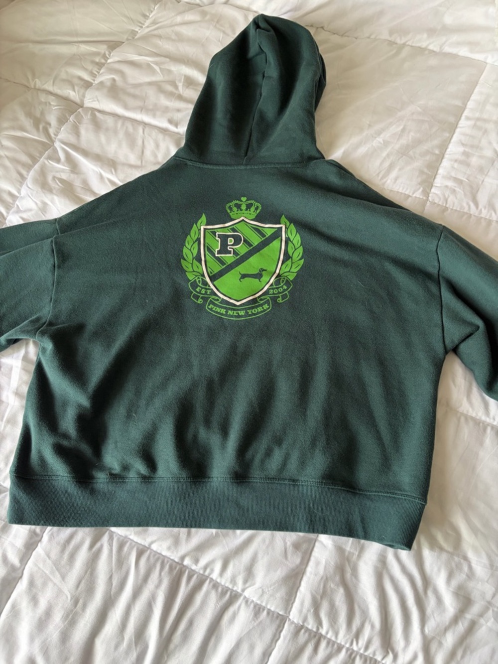 PINK Victoria's Secret Dark Green Men's Crewneck Hoodie with Lime Logo - Picture 2 of 3